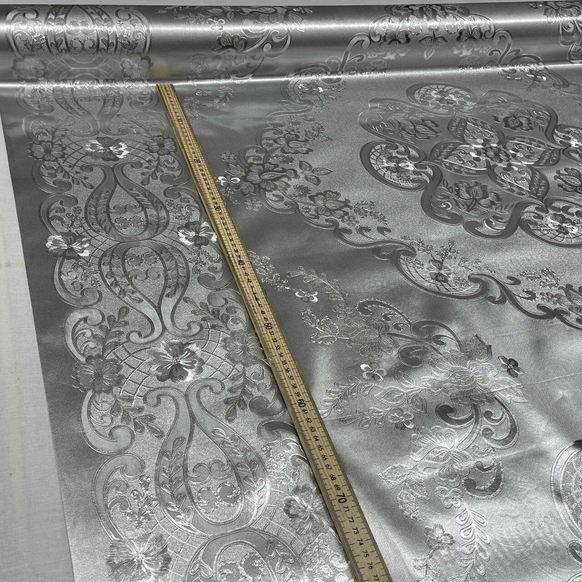 Damask PVC Oilcloth Fabric Embossed Metallic, Silver - Bull Ring Fabrics