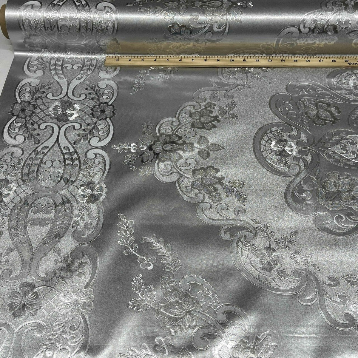 Damask PVC Oilcloth Fabric Embossed Metallic, Silver - Bull Ring Fabrics
