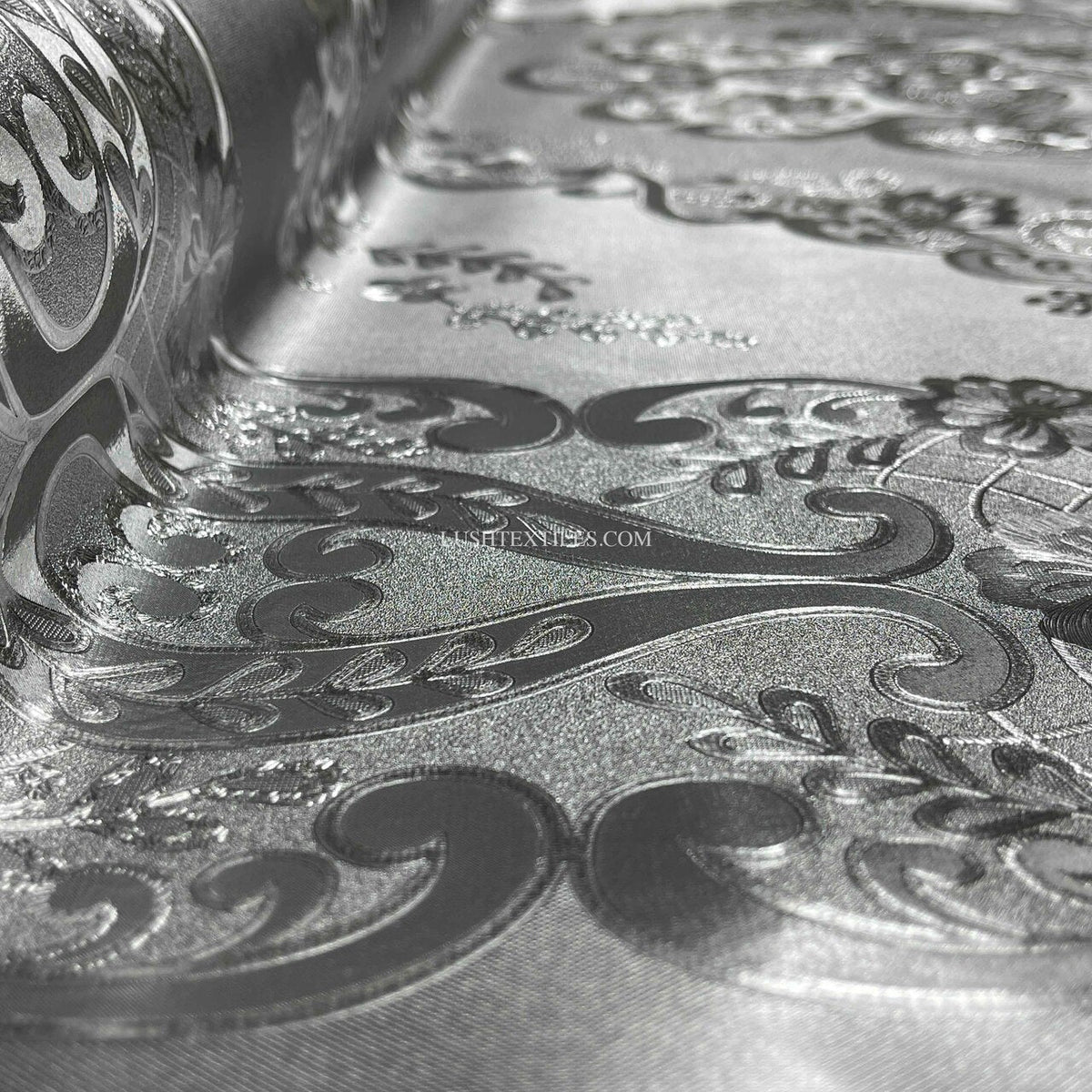 Damask PVC Oilcloth Fabric Embossed Metallic, Silver - Bull Ring Fabrics