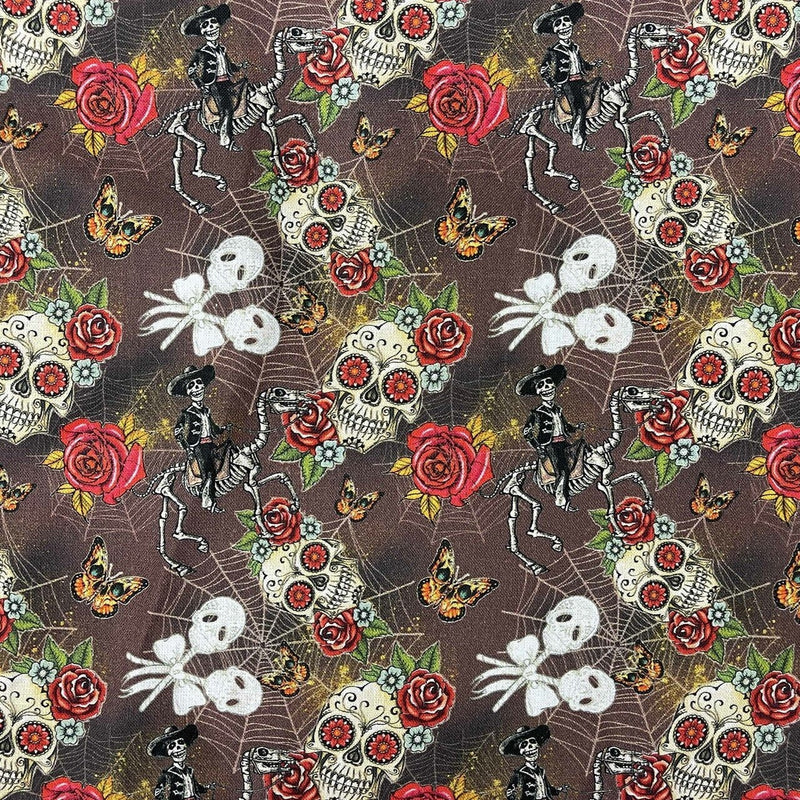 Day Of The Dead Digital Cotton Craft Fabric, Brown - Bull Ring Fabrics