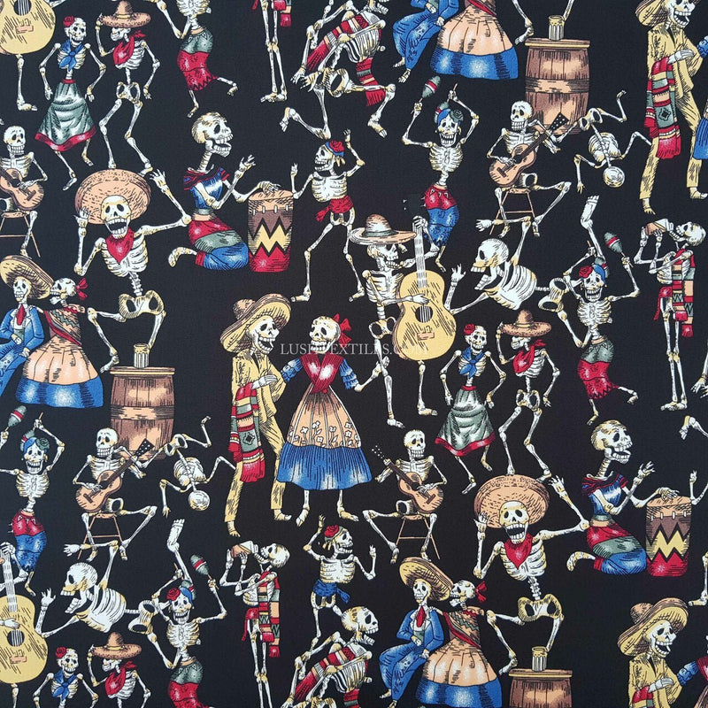 Day Of The Dead Rose & Hubble Skeletons Cotton Poplin Fabric - Bull Ring Fabrics