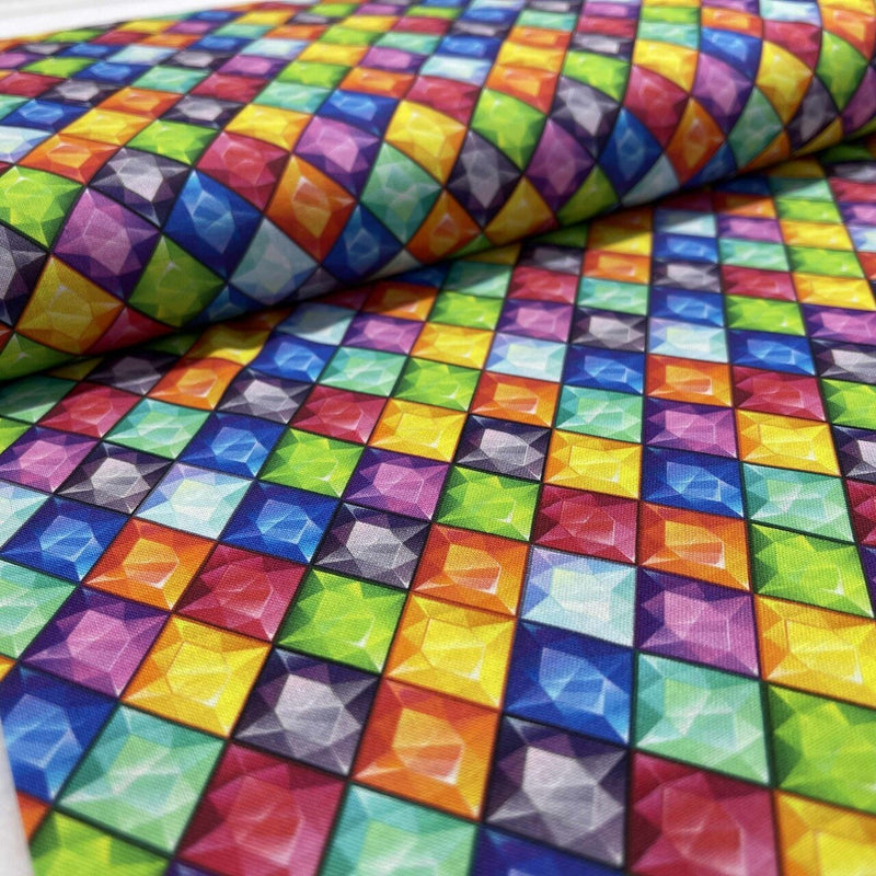 Diamond Jewels Print 100% Cotton Craft Fabric 54", Rainbow Geometric Gem - Bull Ring Fabrics