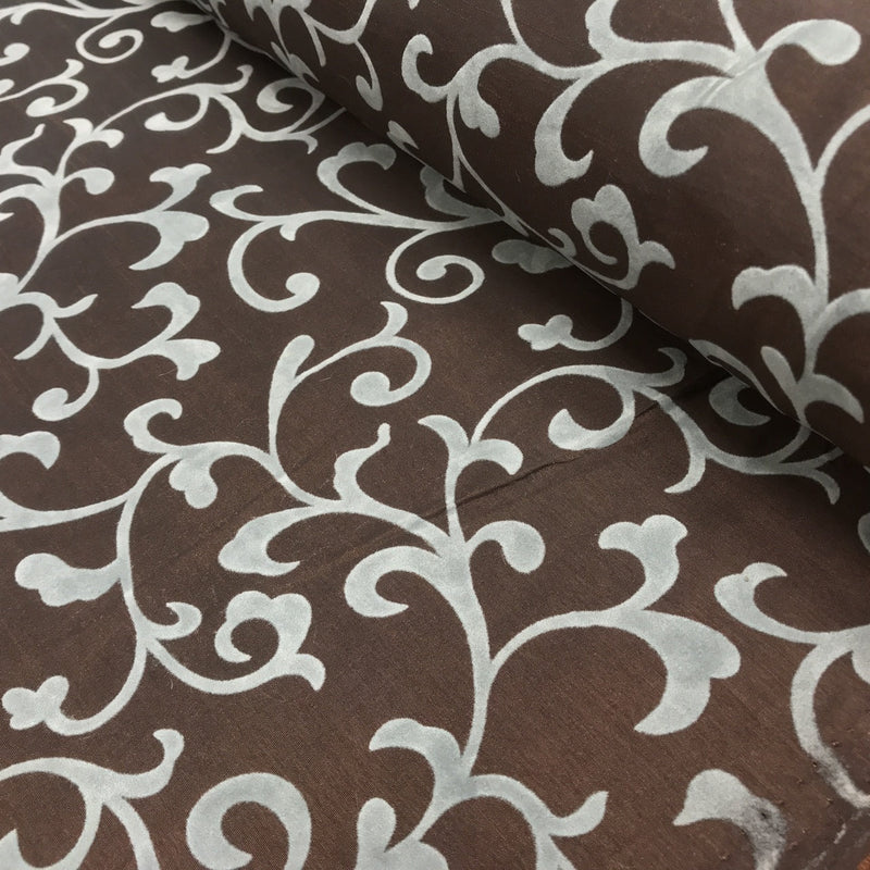 Duck Egg Floral Velvet Flock Taffeta Fabric, Brown - Bull Ring Fabrics