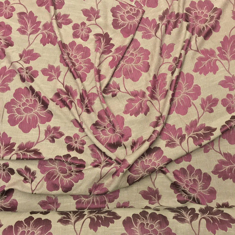 Cerise Pink Flower Upholstery Curtain Brocade Fabric 140cm, Brown