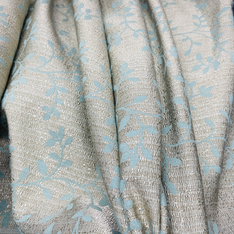Small Beige Floral Leaves Curtain Brocade Fabric 140cm, Green