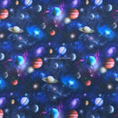Tissu artisanal en coton numérique Galaxy Space Planets, bleu marine