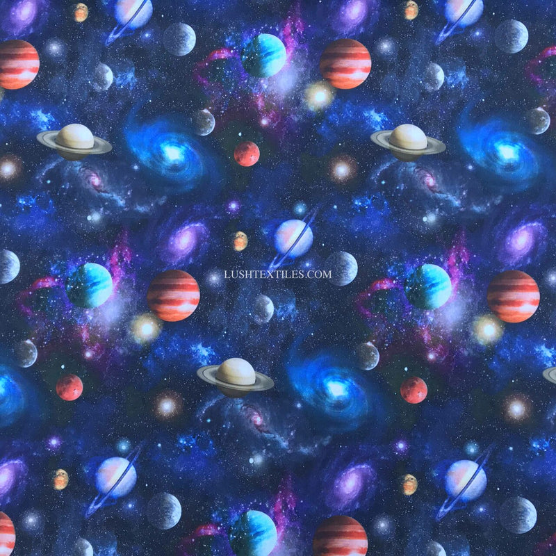 Baumwoll-Bastelstoff mit digitaler Aufschrift „Galaxy Space Planets“, Marineblau
