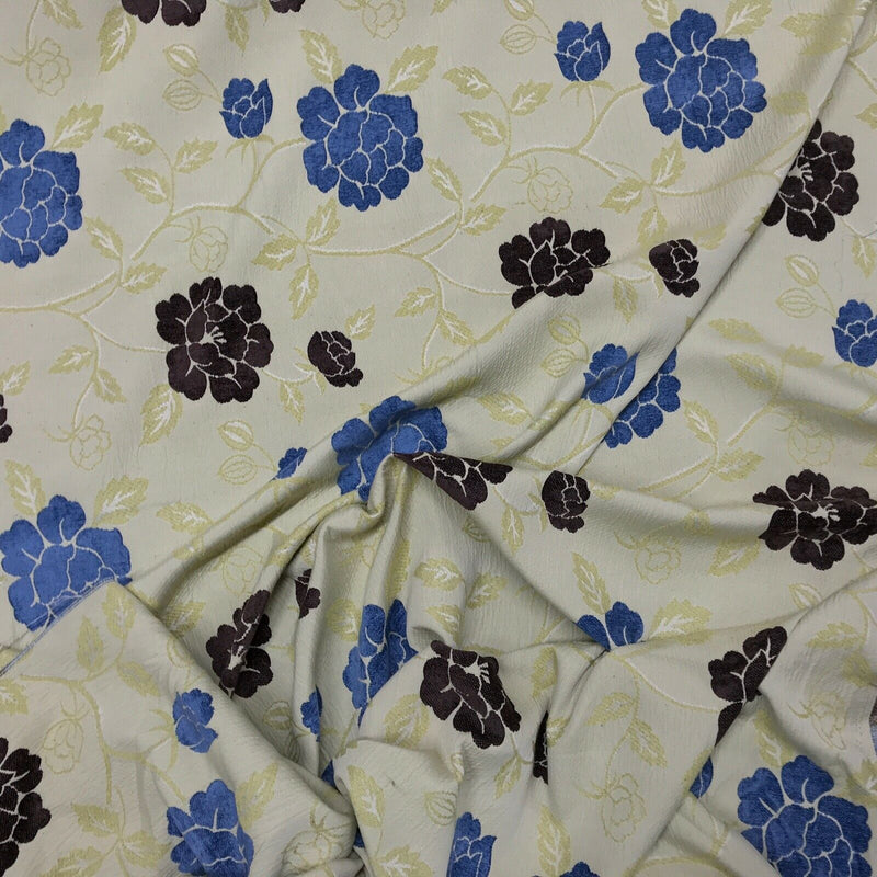 Brown Floral Flowers Designer Upholstery Fabric 140cm, Yellow Cream