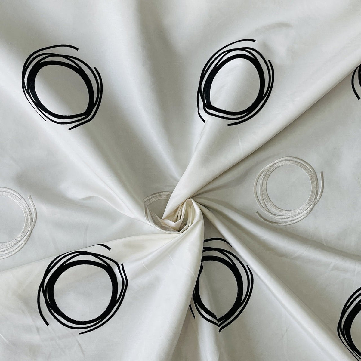 Embroidery Circles Silk Taffeta Fabric, Cream - Bull Ring Fabrics