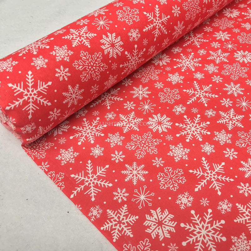 Xmas Snowflakes Christmas Polycotton Fabric, Red