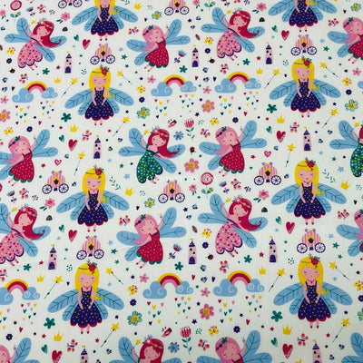 Fairy Princess Print Polycotton Fabric, White - Bull Ring Fabrics