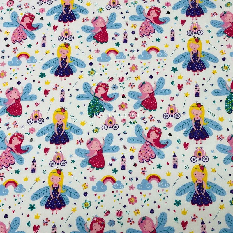 Fairy Princess Print Polycotton Fabric, White - Bull Ring Fabrics