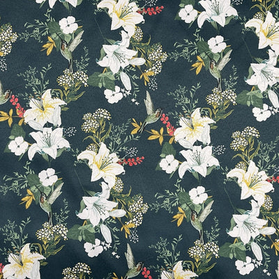 Floral Bird Print Satin Brocade Furnishing Fabric, Bottle - Bull Ring Fabrics