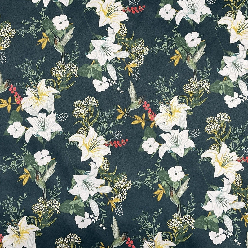 Floral Bird Print Satin Brocade Furnishing Fabric, Bottle - Bull Ring Fabrics