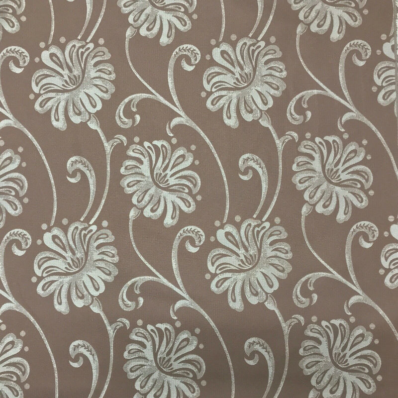 Floral Flowers Curtain Brocade Fabric 140cm, Brown - Bull Ring Fabrics
