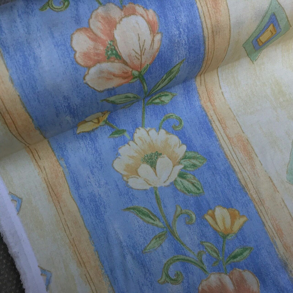 Floral Roses Cotton Print Vintage Fabric, Yellow/Blue - Bull Ring Fabrics