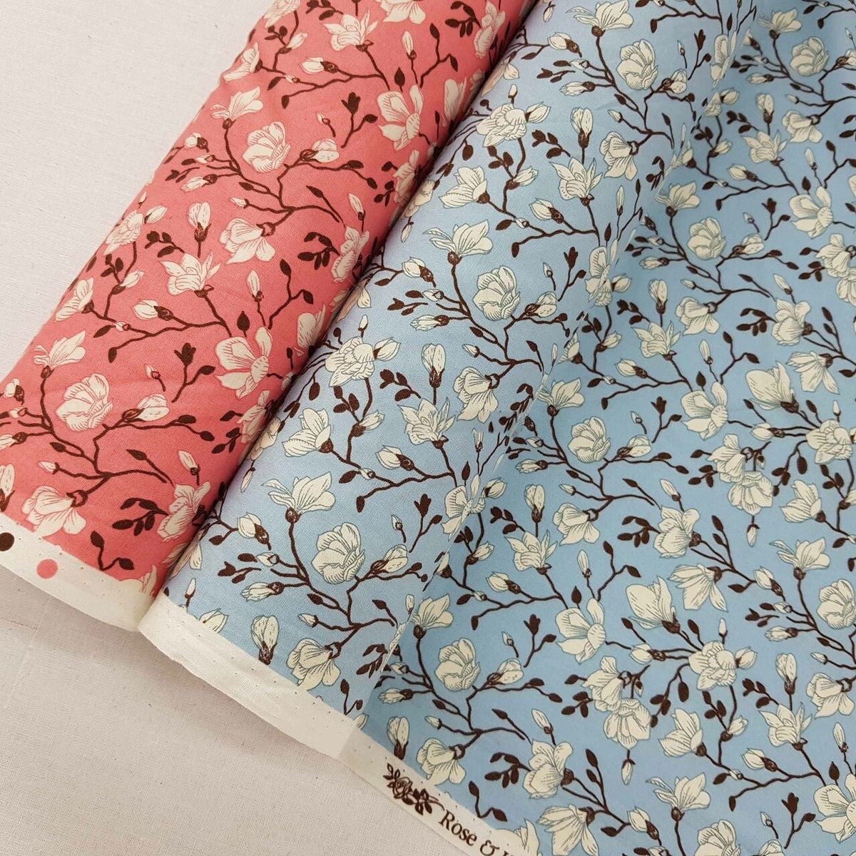 Flowers On Twigs Rose & Hubble Cotton Poplin Fabric - Bull Ring Fabrics