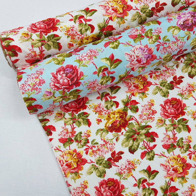 Garden Floral Flowers Rose & Hubble Cotton Poplin Fabric - Bull Ring Fabrics