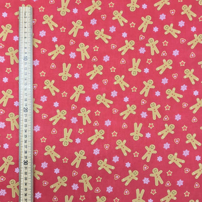 Gingerbread Men & Hearts Christmas Polycotton Fabric 45", Red - Bull Ring Fabrics