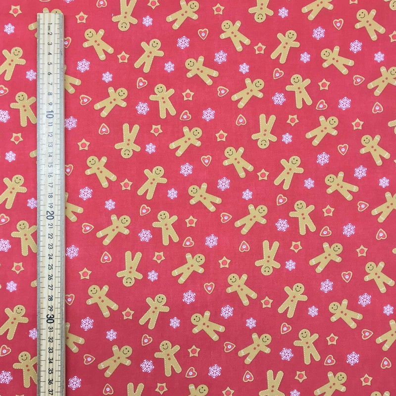 Gingerbread Men & Hearts Christmas Polycotton Fabric 45", Red - Bull Ring Fabrics
