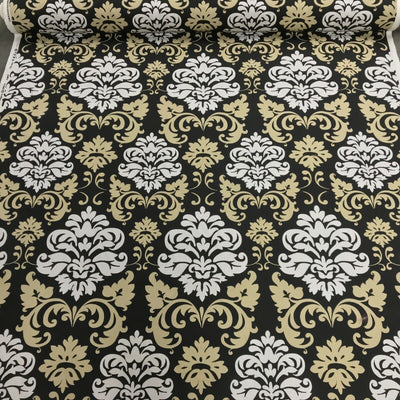 GlobalTex ORLY Beige & White Damask On Black Cotton Fabric Curtain Upholstery - Bull Ring Fabrics