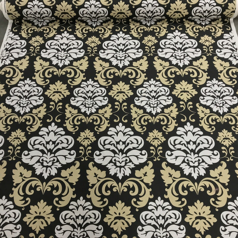 GlobalTex ORLY Beige & White Damask On Black Cotton Fabric Curtain Upholstery - Bull Ring Fabrics