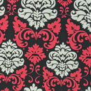 GlobalTex ORLY Cerise & Cream Damask On Black Cotton Fabric Curtain Upholstery - Bull Ring Fabrics