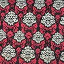 GlobalTex ORLY Cerise & Cream Damask On Black Cotton Fabric Curtain Upholstery - Bull Ring Fabrics