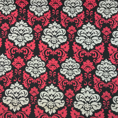 GlobalTex ORLY Cerise & Cream Damask On Black Cotton Fabric Curtain Upholstery - Bull Ring Fabrics