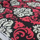 GlobalTex ORLY Cerise & Cream Damask On Black Cotton Fabric Curtain Upholstery - Bull Ring Fabrics