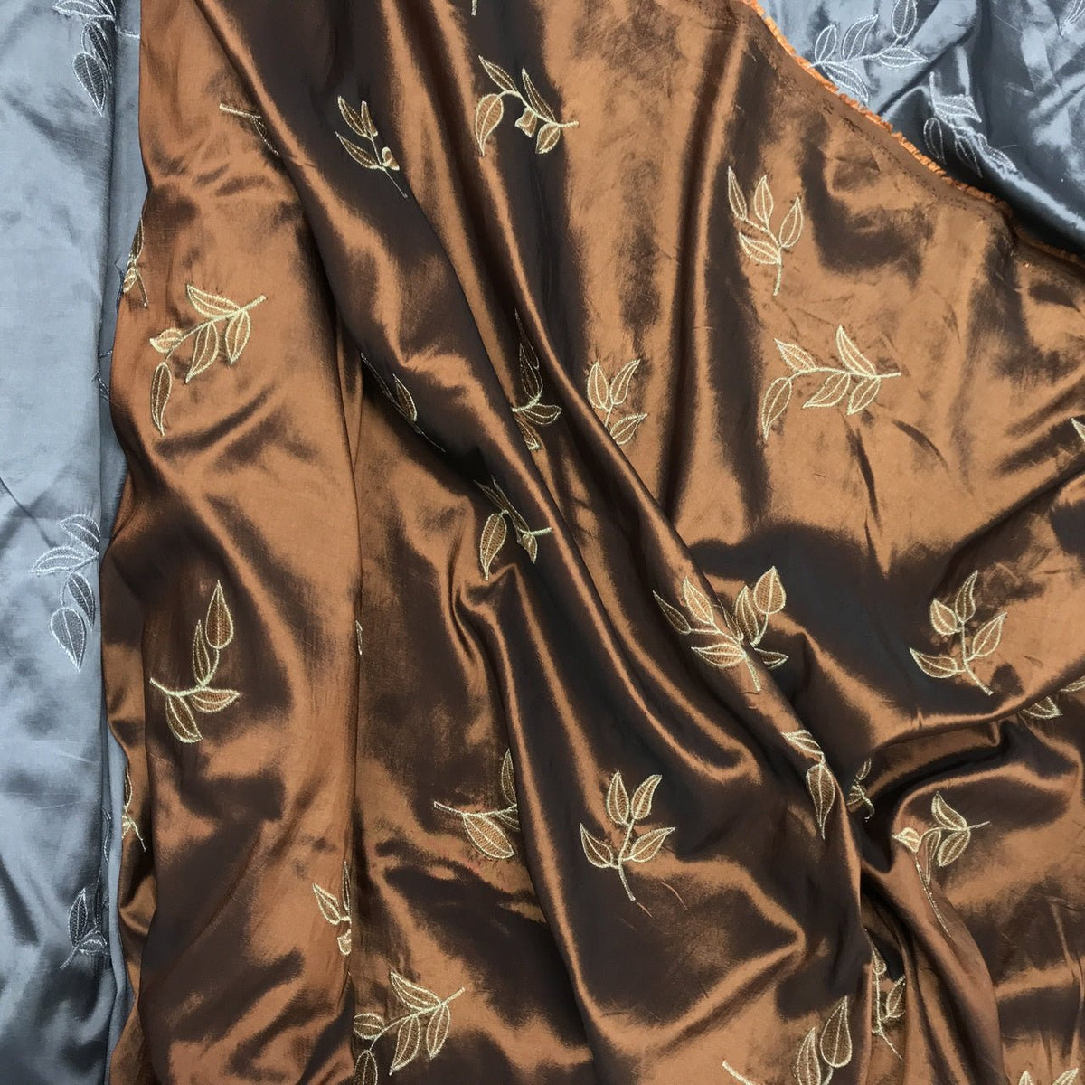 Gold 5 Leaf Embroidery Taffeta Fabric, Brown - Bull Ring Fabrics