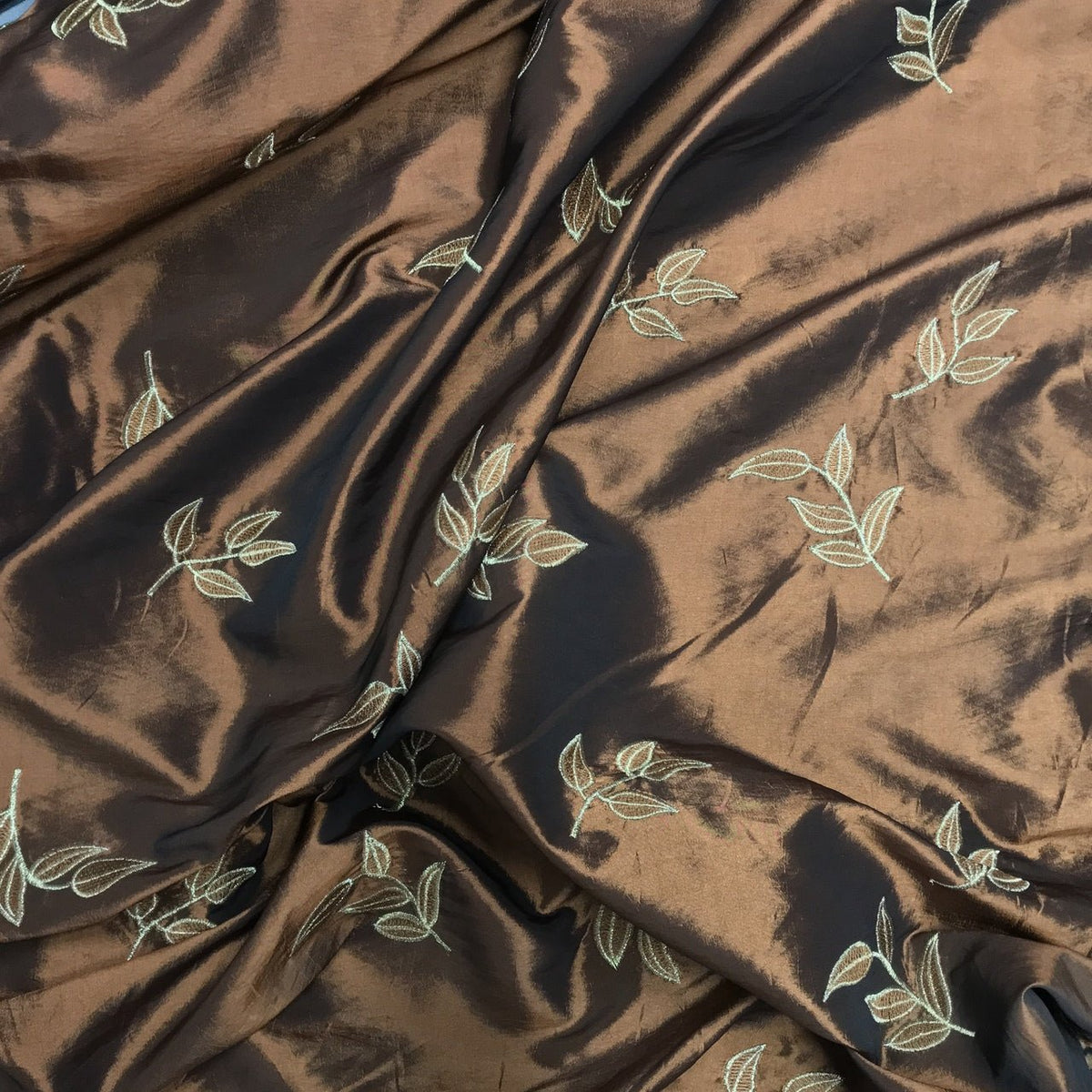 Gold 5 Leaf Embroidery Taffeta Fabric, Brown - Bull Ring Fabrics