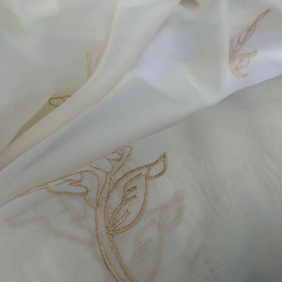 Gold Floral Cream Embroidery Voile Fabric Net Curtains Dress Window Draping - Bull Ring Fabrics