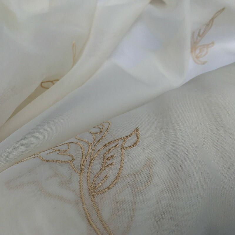 Gold Floral Cream Embroidery Voile Fabric Net Curtains Dress Window Draping - Bull Ring Fabrics