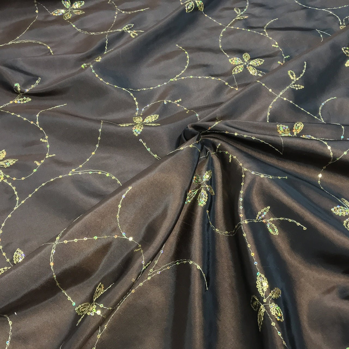 Gold Floral Sequin Taffeta Fabric, Brown - Bull Ring Fabrics