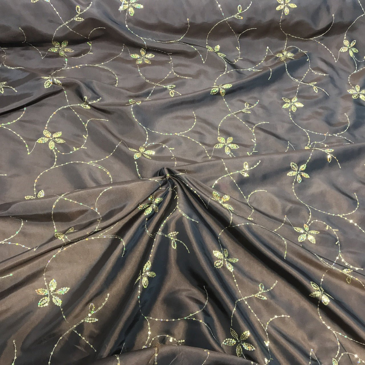 Gold Floral Sequin Taffeta Fabric, Brown - Bull Ring Fabrics