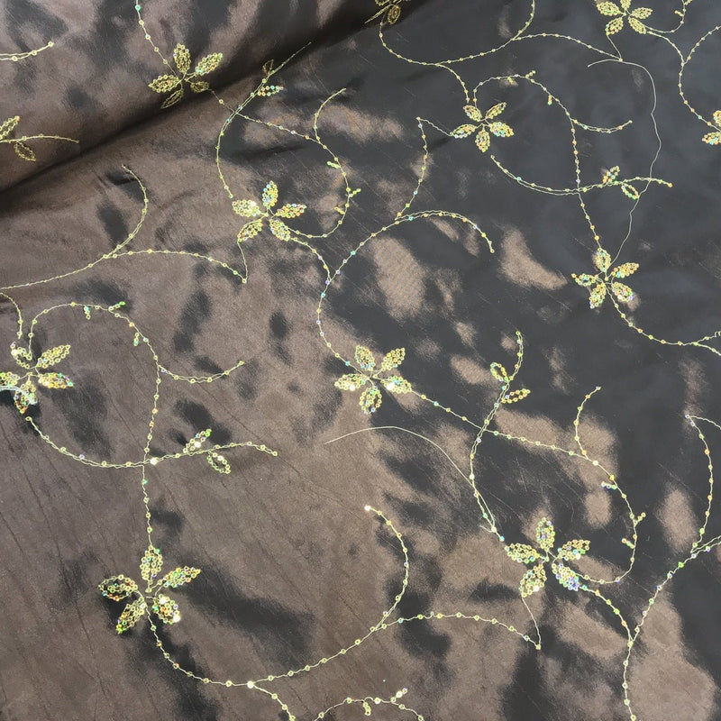 Gold Floral Sequin Taffeta Fabric, Brown - Bull Ring Fabrics