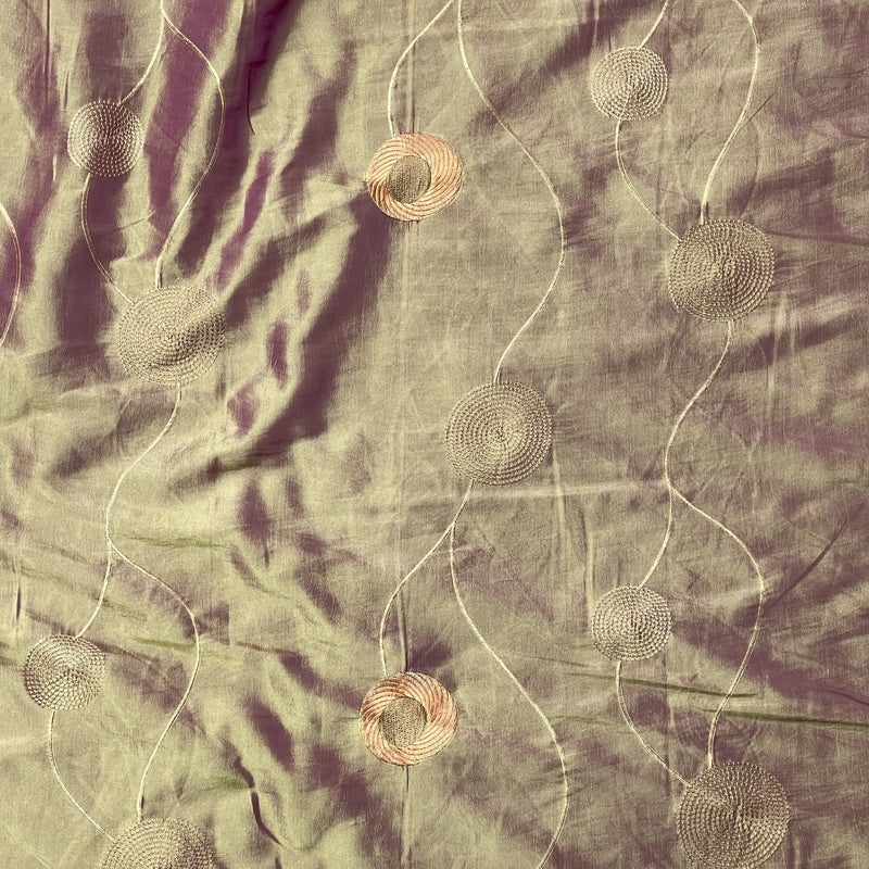 Gold Shot Pink Embroidered Taffeta Fabric Circle Pattern 150cm - Bull Ring Fabrics