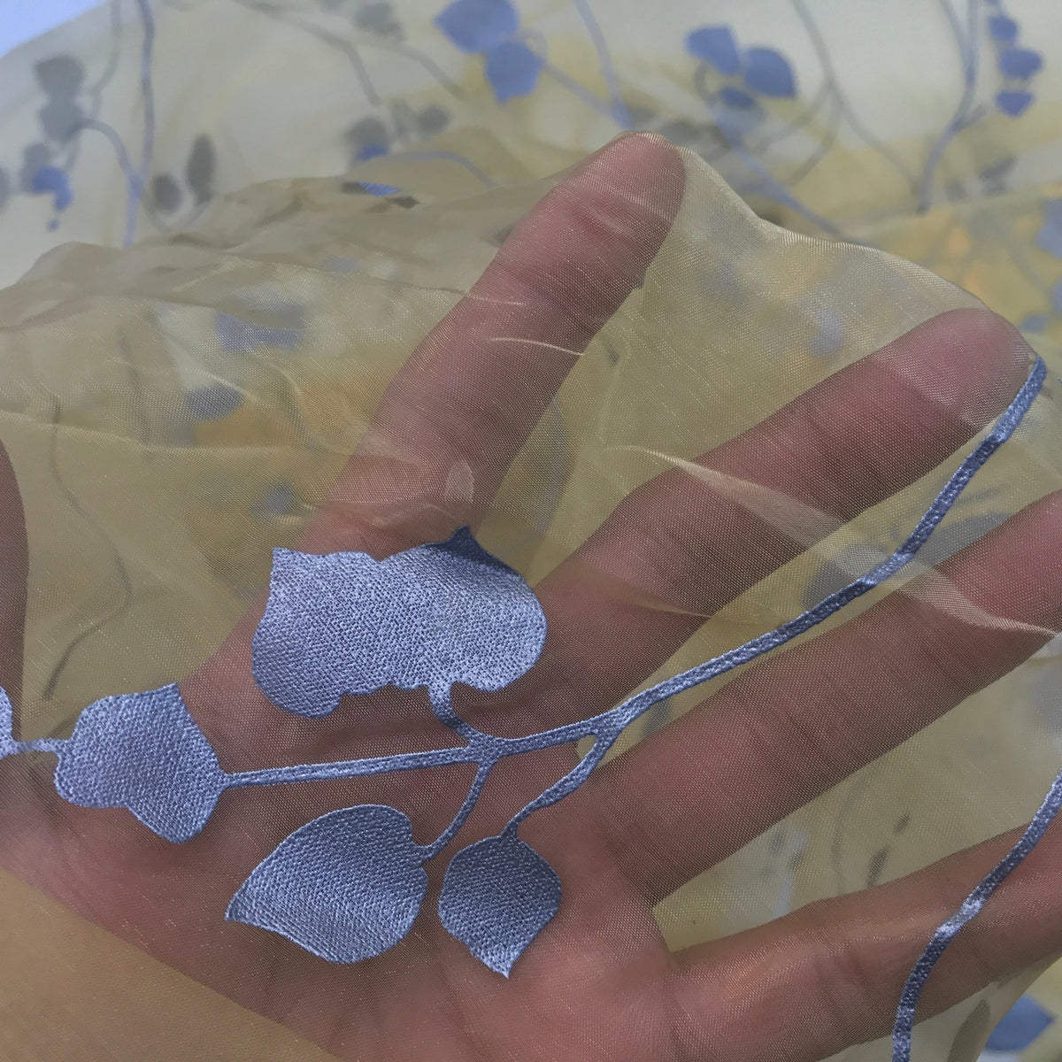Grey Eucalyptus Leaves Organza Fabric Floral Vine Print Dress Craft, Yellow - Bull Ring Fabrics