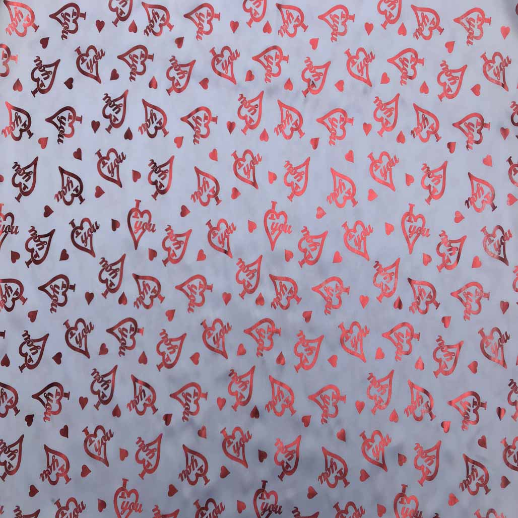 I Love You Red Foil Print Satin Fabric 60", White - Bull Ring Fabrics