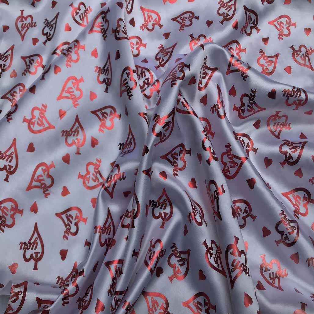 I Love You Red Foil Print Satin Fabric 60", White - Bull Ring Fabrics