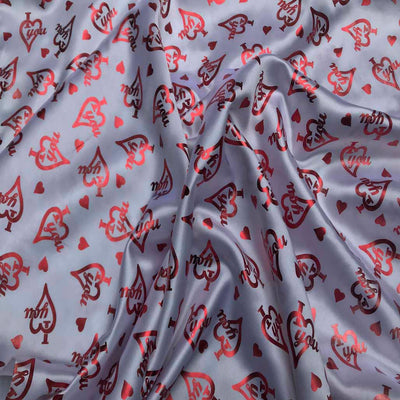 I Love You Red Foil Print Satin Fabric 60", White - Bull Ring Fabrics