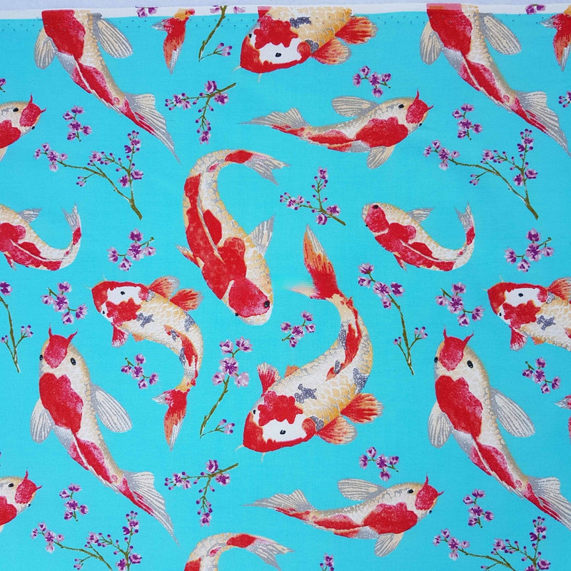Koi Fish 100% Cotton Poplin Dress Fabric Rose & Hubble 45", Blue - Bull Ring Fabrics