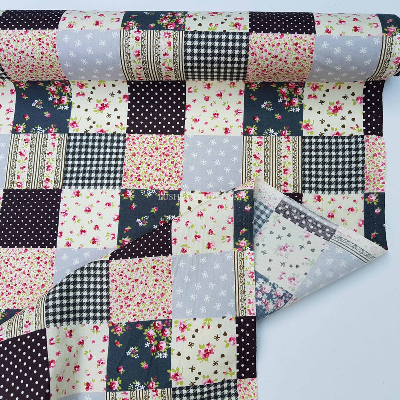 Patchwork Squares Cotton Poplin Dress Fabric, Black - Bull Ring Fabrics
