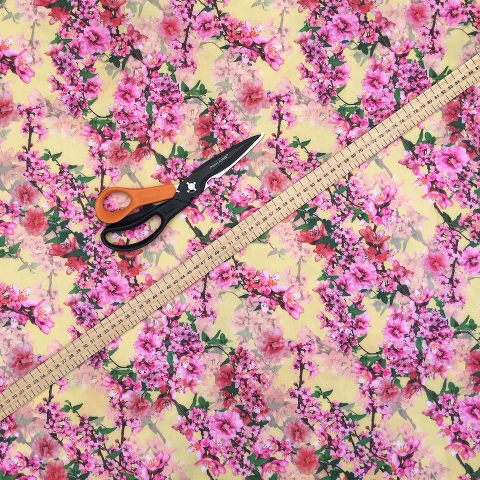 Peach Blossom Floral Flowers Bubble Crepe Dress Fabric, Yellow - Bull Ring Fabrics