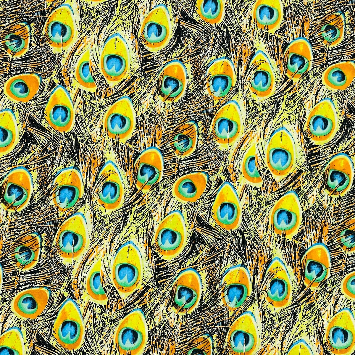Peacock Feathers 100% Cotton Fabric Dress Quilting Patchwork 140cm, Yellow - Bull Ring Fabrics