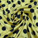 Printed Satin Black Polka Dot Spots Dress Fabric 60", Yellow - Bull Ring Fabrics
