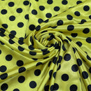 Printed Satin Black Polka Dot Spots Dress Fabric 60", Yellow - Bull Ring Fabrics