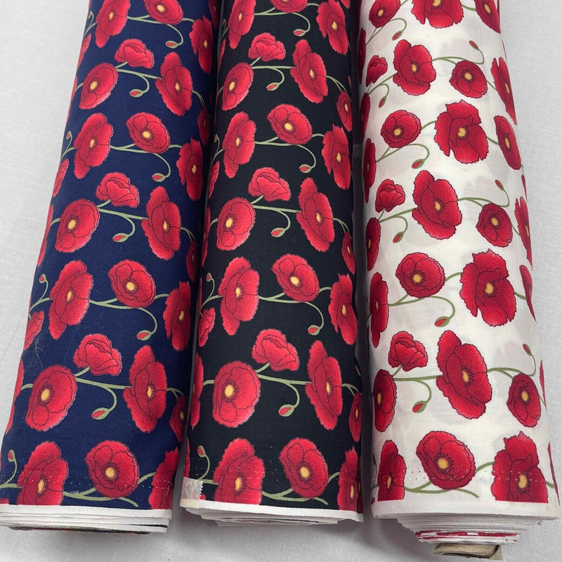 Red Poppy 100% Cotton Poplin Fabric Rose & Hubble Floral Poppies Queens Jubilee - Bull Ring Fabrics