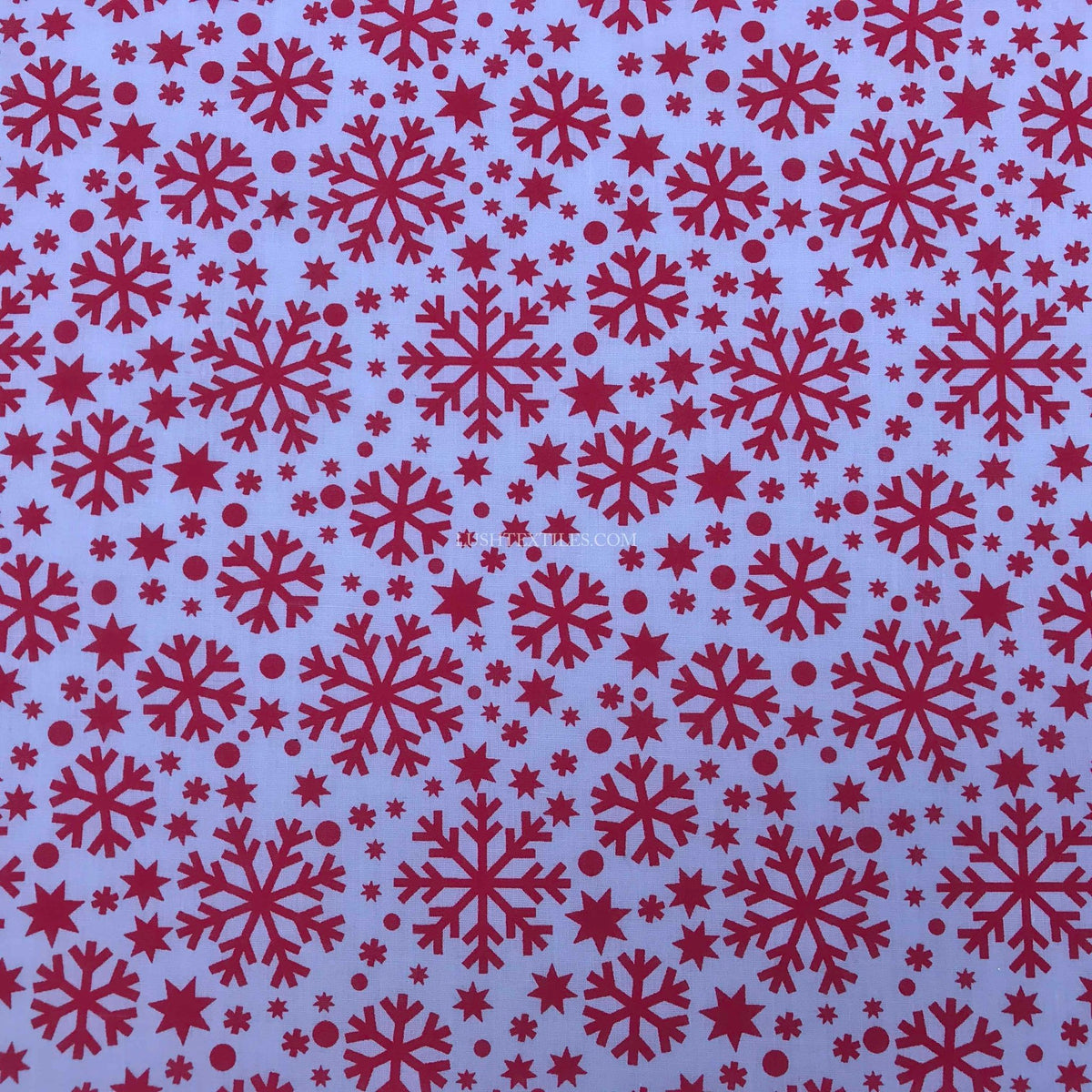 Red Snowflake Print Xmas Polycotton Fabric 45", White - Bull Ring Fabrics